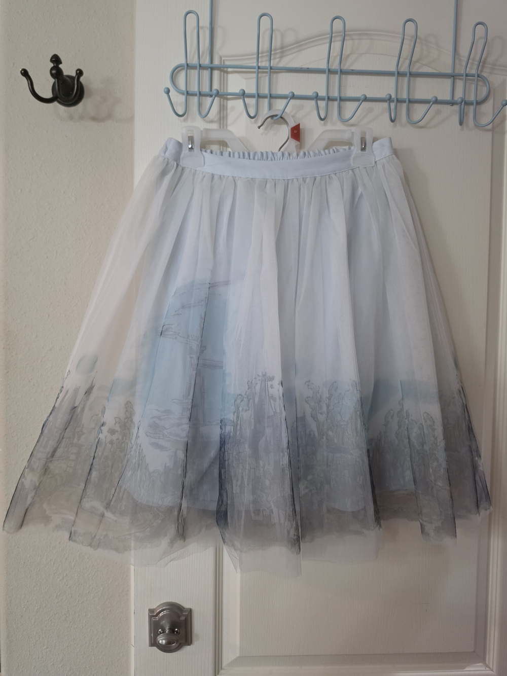 LC Lauren Conrad White Chiffon Circle Skirt with Blue and Gray Scenic Hem